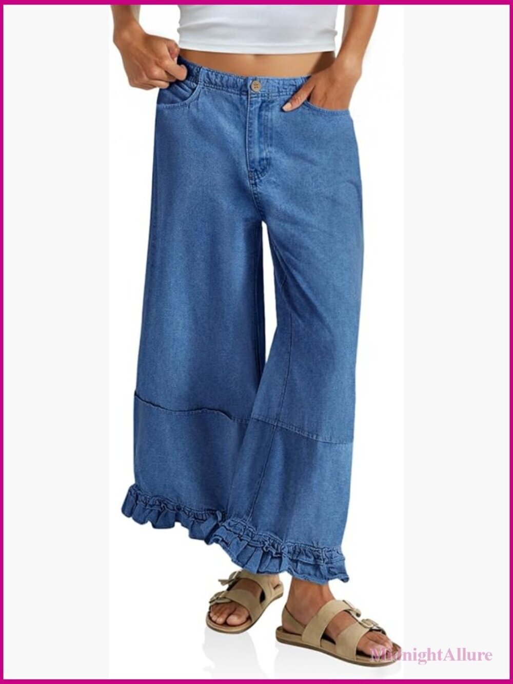 Ruffle Wide Leg Cropped Jeans High Waisted Baggy Denim Pants with Pockets